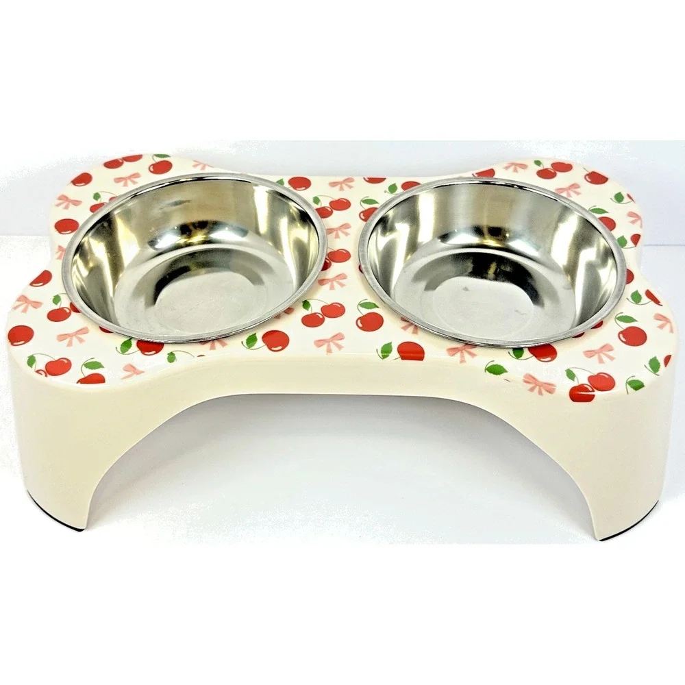 Roxie Rae Elevated Pet Bowls Cherry Print Dog Cat Feeder 2 Stainless Bowls